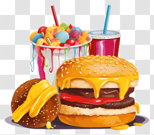 Fast Food - Cheesy Loaded Burger Combo With Desserts And Soda Transparent PNG