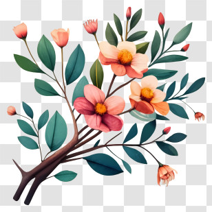 Branch With Flowers - Branch With Illustrated Pink And Orange Flowers Transparent PNG