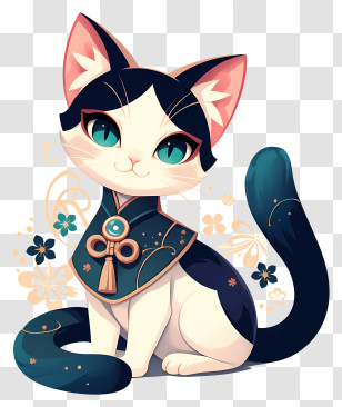 Kawaii Cat - Elegant Black-and-White Cat Character Transparent PNG