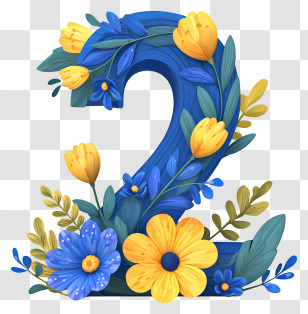 Number 2 Flowers - Floral Number 2 With Blue And Yellow Flowers Transparent PNG