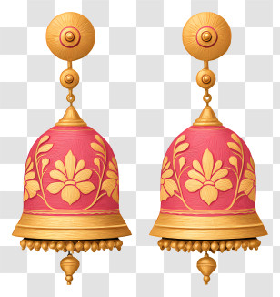Indian Jhumka Earrings - Decorative Gold And Pink Floral Earrings Transparent PNG