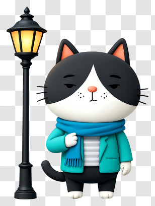 Cat Mascot Enjoying Winter - Cozy Cat By Lamppost Transparent PNG