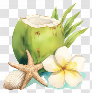 Coconut Water - Tropical Coconut And Starfish Illustration Transparent PNG