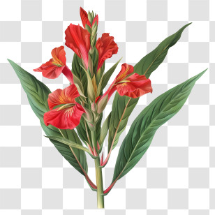 Canna Indica Flowers - Red Flower With Green Leafy Stems Illustration Transparent PNG