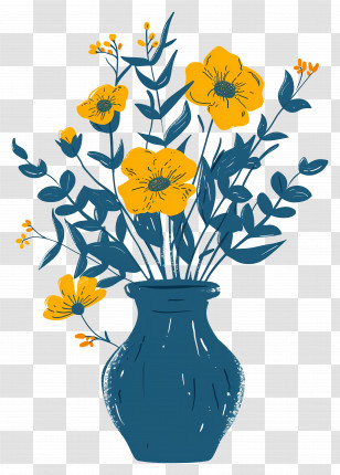 Flowers In Vase - Illustration Of A Blue Vase With Yellow Flowers Transparent PNG