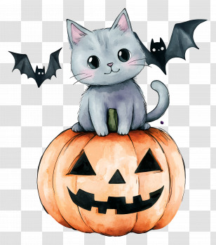 Halloween Cat - Cute Gray Cat On Pumpkin With Bats For Halloween Transparent PNG