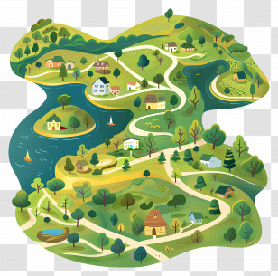 Green Island - Illustrated Green Landscape Map With River Transparent PNG