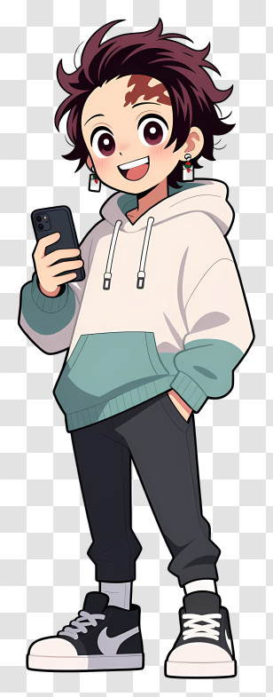 Zenitsu Agatsuma - Happy Teen Boy With Smartphone Transparent PNG