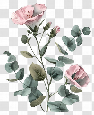 Eustoma Flowers - Pink Flowers And Eucalyptus Illustration Transparent PNG