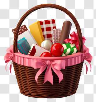 Wicker Basket - Candy-Filled Basket With Festive Bows Transparent PNG
