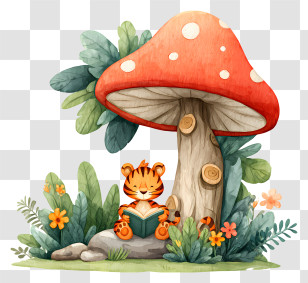 Tiger Reading Book - Tiger Reading Under Mushroom Transparent PNG