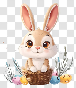 Cartoon Easter Bunny - Adorable Easter Bunny With Basket And Colorful Eggs Transparent PNG