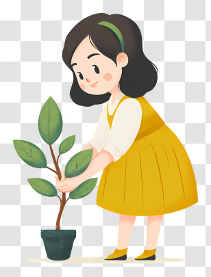 Girl Planting Tree - Cartoon Girl Caring For Plant Transparent PNG