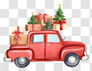 Vintage Car - Red Truck With Christmas Gifts And Trees Transparent PNG