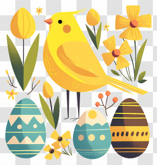Easter Background - Yellow Bird With Flowers And Easter Eggs Transparent PNG