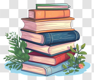 Books - Stack Of Colorful Books With Leaves And Flowers Illustration Transparent PNG