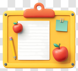 School Notice Board - Yellow Clipboard With Apple And Pencil Transparent PNG