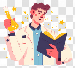 Cartoon Scientist - Scientist Reading With Flask Transparent PNG