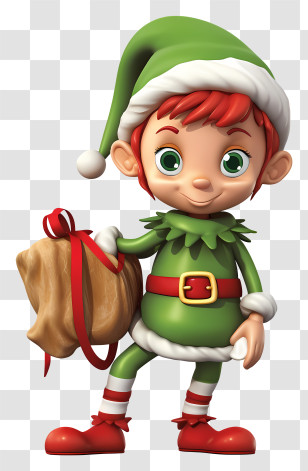 Cartoon Character - Cheerful Christmas Elf Holding Gift Bag Transparent PNG