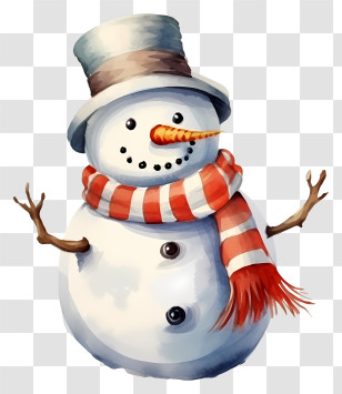 Snowman - Cheerful Snowman With Hat And Scarf Transparent PNG