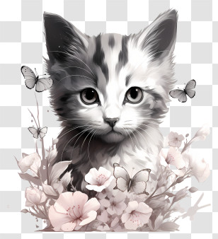Valentine Cat - Cute Kitten With Butterflies And Flowers Transparent PNG