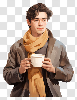 Digital Illustration - Man Holding Coffee Cup In Winter Transparent PNG