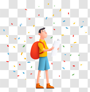 Cartoon Hiker Holding Paper Map - Traveler With Map And Confetti Transparent PNG