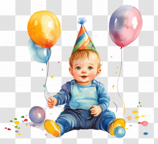 Baby Birthday - Baby With Party Hat And Balloons Transparent PNG
