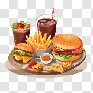 Hamburger - Delicious Fast Food Meal With Burgers And Fries Transparent PNG