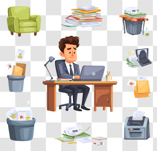 Employee Working Hard - Cartoon Office Worker At Desk Transparent PNG