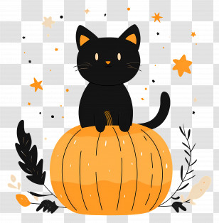 Halloween Black Cat - Black Cat On Pumpkin With Stars For Halloween Transparent PNG
