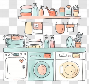 Laundry Room Illustration - Pastel Laundry Room Illustration With Supplies Transparent PNG