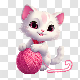 Cat Playing Yarn Ball - Playful White Cat With Pink Yarn Ball Transparent PNG
