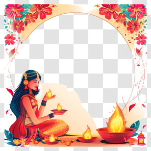 Karwa Chauth - Elegant Woman Celebrating Diwali Festival With Lamps Transparent PNG