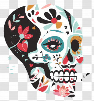 Sugar Skull - Colorful Skull With Floral Decorations Transparent PNG