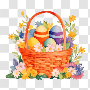 Easter Basket - Colorful Easter Eggs In A Basket With Flowers Transparent PNG