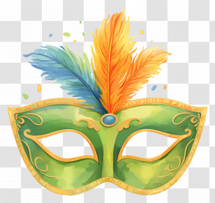 Brazilian Carnival Mask - Green Mask With Colorful Feathers Transparent PNG
