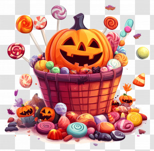 Halloween Candy - Halloween Pumpkin Basket Filled With Colorful Candies Transparent PNG
