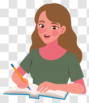 Woman Writing With Pencil - Girl Studying With Book Illustration Transparent PNG