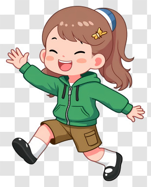 Cartoon Student - Cartoon Girl Running In Green Hoodie Transparent PNG