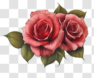 Hand Draw Rose And Paper - Pink Pair Of Roses With Green Leaves Transparent PNG
