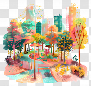 Urban Park - Colorful City Park With Skyscrapers Transparent PNG