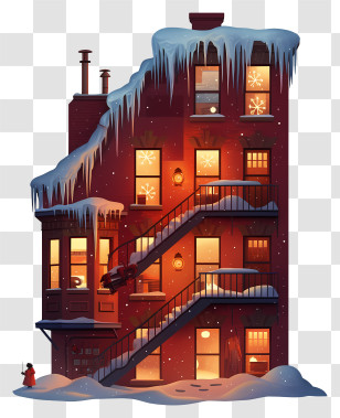 Frozen Fire Escape - Snowy Urban Building With Icicles Transparent PNG