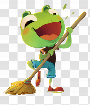 Frog Cleaning With Broom - Happy Frog Sweeping With A Broom Transparent PNG