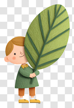Boy Holding Giant Guava Leaf - Cartoon Boy Holding A Large Leaf Transparent PNG