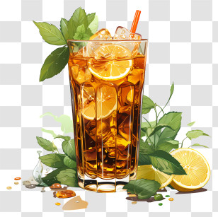 Cocktail - Glass Of Iced Tea With Lemon And Herbs Transparent PNG