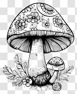 Mushroom Coloring Page - Artistic Black And White Mushroom Drawing Transparent PNG