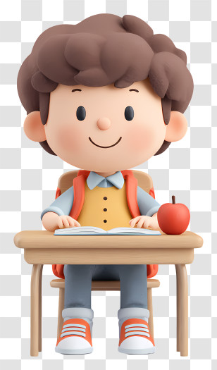 Little Kid Student In Classroom - Boy Studying At Desk With Apple Transparent PNG