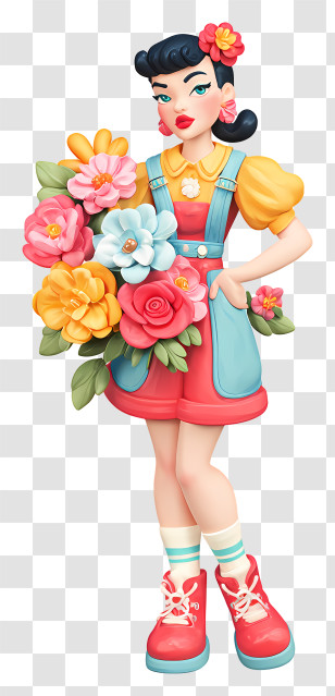 Kawaii Girl With Flowers - Colorful Bouquet Girl Transparent PNG