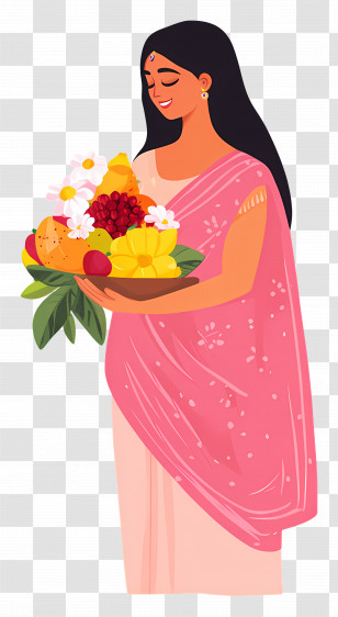 Chhath Puja - Woman Holding Fruits And Flowers In Saree Transparent PNG